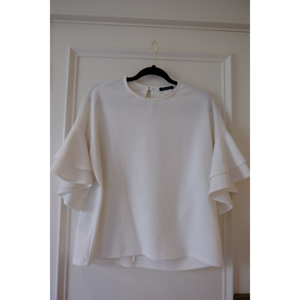 BLVD White Roundneck Ruffle Sleeve Top